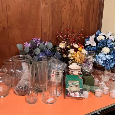 Artificial Flowers and Glass Vases Lot