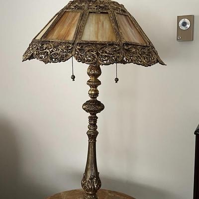 Italian Antique Marble Top Ornate Cast Brass Lamp and Table- Very Heavy