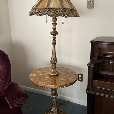Italian Antique Marble Top Ornate Cast Brass Lamp and Table- Very Heavy