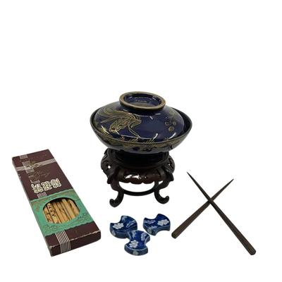 D692 Blue and Gold Chinese Bowl with Stand and Chopsticks