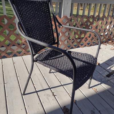 Metal Patio Table with Umbrella Stand and Two Mismatched Chairs