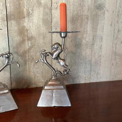 LR722 Pair of Antique Chinese Lion Bronze Candlesticks