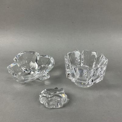 D745 Pair of Orrefors Crystal Signed Bowls and Bird Paperweight