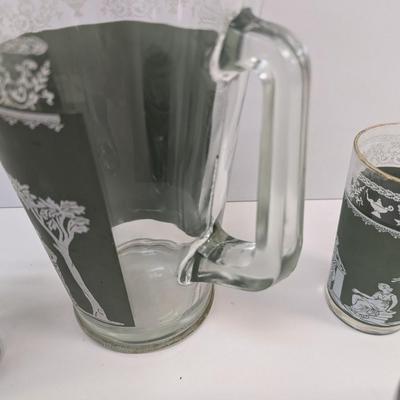 Vintage Jeannette Helenic Green Classic Wedgwood Pitcher & Juice Glasses