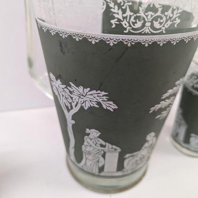 Vintage Jeannette Helenic Green Classic Wedgwood Pitcher & Juice Glasses