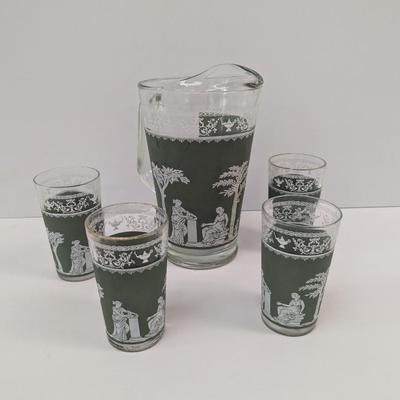 Vintage Jeannette Helenic Green Classic Wedgwood Pitcher & Juice Glasses