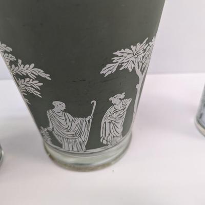 Vintage Jeannette Helenic Green Classic Wedgwood Pitcher & Juice Glasses