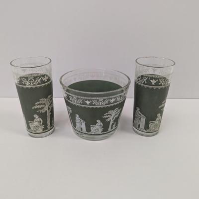 Vintage Jeannette Helenic Green Classic Wedgwood Ice Bucket & Glasses