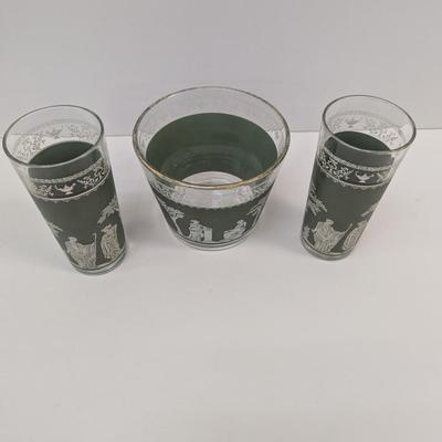 Vintage Jeannette Helenic Green Classic Wedgwood Ice Bucket & Glasses