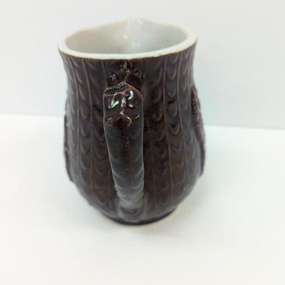 Antique Brown Stoneware Pitcher With Brown Glaze House Relief Pattern