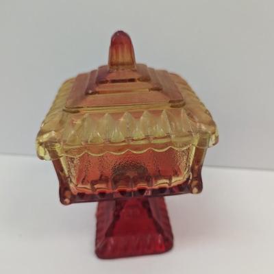Jeanette Glass Amber Wedding Jar Cover Candy Dish Pedestal