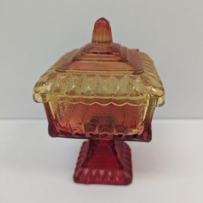 Jeanette Glass Amber Wedding Jar Cover Candy Dish Pedestal