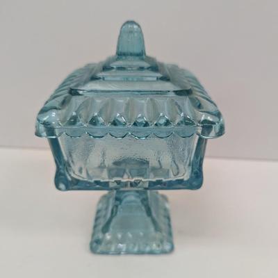 Jeanette Glass Aqua Blue Wedding Jar Cover Candy Dish Pedestal
