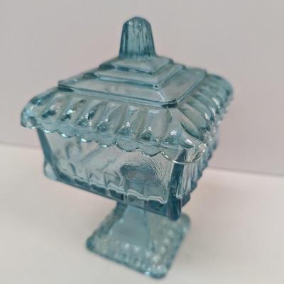 Jeanette Glass Aqua Blue Wedding Jar Cover Candy Dish Pedestal