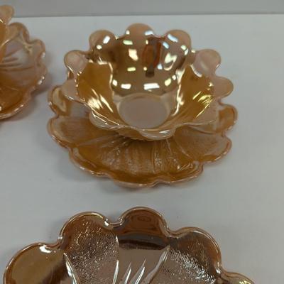 Fire King Peach Lusterware Lotus Flower Pattern Dessert Set