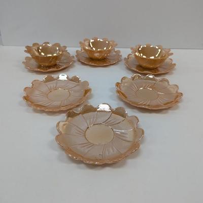 Fire King Peach Lusterware Lotus Flower Pattern Dessert Set