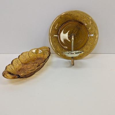 Indian Glass Tiara Sandwich Amber Candy Dish & Candle Holder