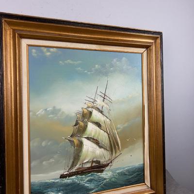 The SHIP by ? Unintelligible Signature. Nice Painting Oil on Canvas
