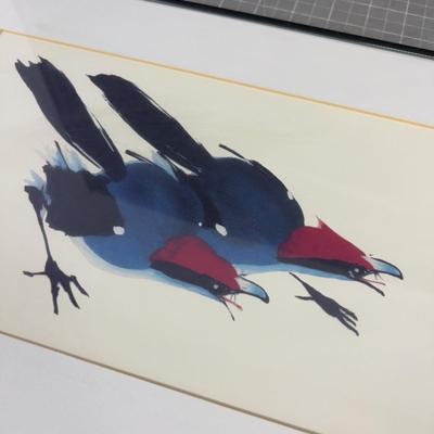 The Blue Bird with Red Head Stocking the CRICKET Framed and Matted Original Watercolor by Pearl 