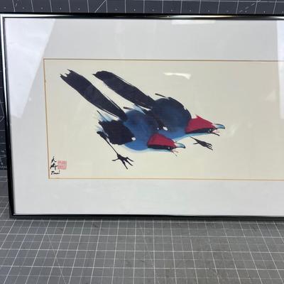 The Blue Bird with Red Head Stocking the CRICKET Framed and Matted Original Watercolor by Pearl 
