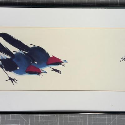 The Blue Bird with Red Head Stocking the CRICKET Framed and Matted Original Watercolor by Pearl 