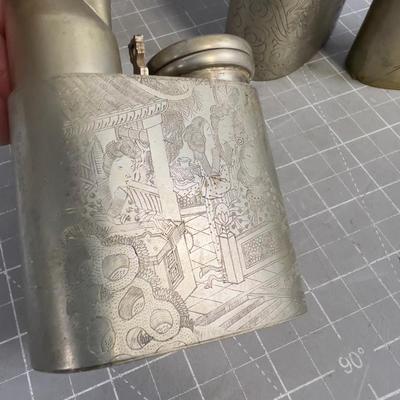 3 Opium or Water Pipes Chinese Engraved Scenes 