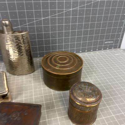 Collection of (5) Metal, Brass and Copper Items, Boxes and Flask 