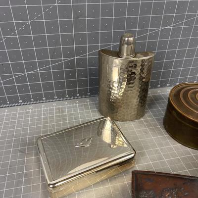 Collection of (5) Metal, Brass and Copper Items, Boxes and Flask 