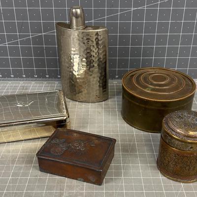 Collection of (5) Metal, Brass and Copper Items, Boxes and Flask 