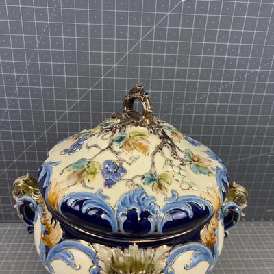 Majolica Tureen Large Cherubs, Fish, Grapes Age