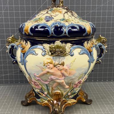 Majolica Tureen Large Cherubs, Fish, Grapes Age