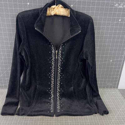Small Black Bedazzled Cotton Women's Jacket Zipper Front 