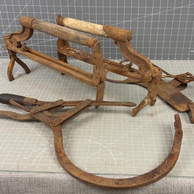 Old Rusty Tools Brick Carrier, Ax Head, Calipers etc. 