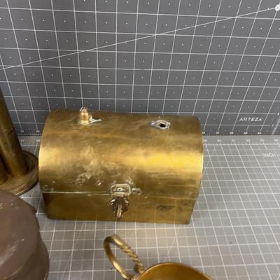 Brass Items: Planter, Change Counter, little boxes