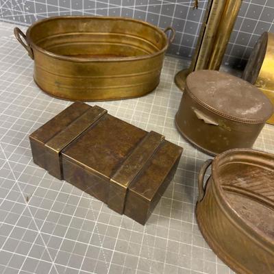 Brass Items: Planter, Change Counter, little boxes