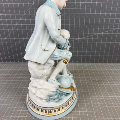 Bisque Porcelain Man feeding a Dog. NICE! 