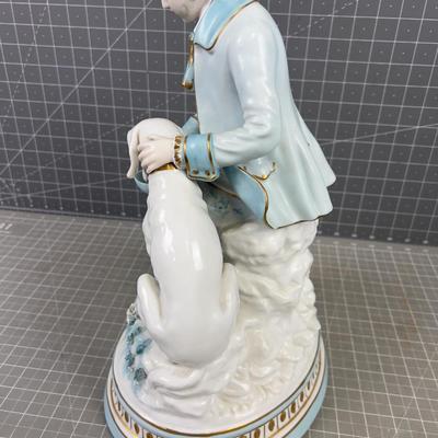 Bisque Porcelain Man feeding a Dog. NICE! 