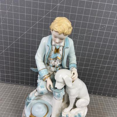 Bisque Porcelain Man feeding a Dog. NICE! 