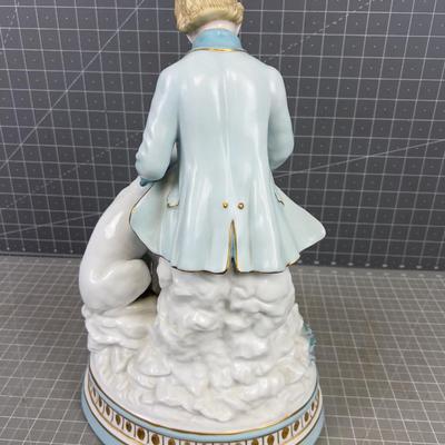 Bisque Porcelain Man feeding a Dog. NICE! 