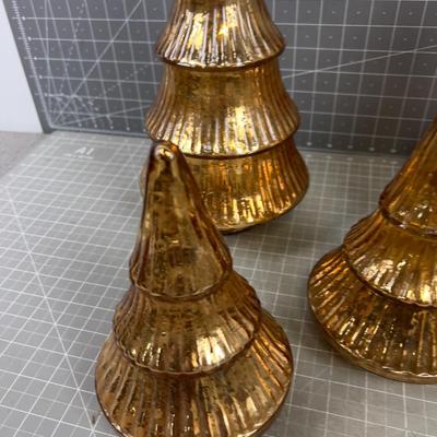 2- 12" Gold and 2-7" Gold Toned Mercury Glass Trees. 