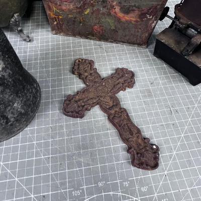 Metal Items; Box, Burner, Coffee Pot, Cross etc. 
