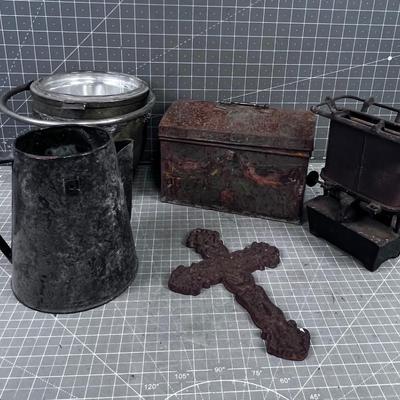 Metal Items; Box, Burner, Coffee Pot, Cross etc. 