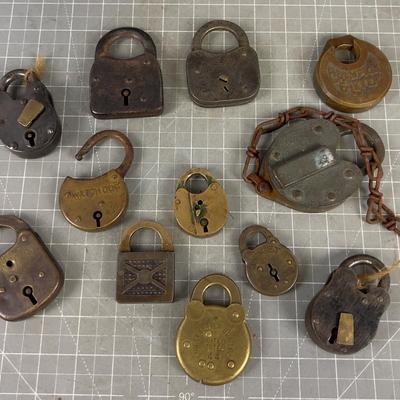 (12) Very COOL! Antique Pad Locks Mostly Brass