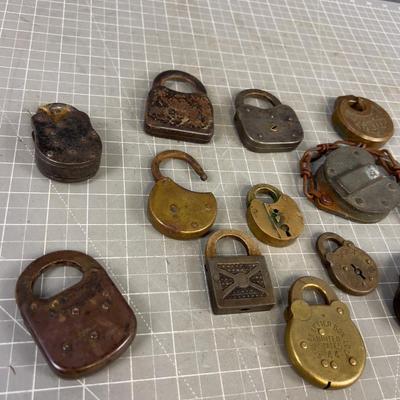 (12) Very COOL! Antique Pad Locks Mostly Brass