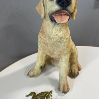 Yellow lab resin statue, stuffed dog & brass duck key holder