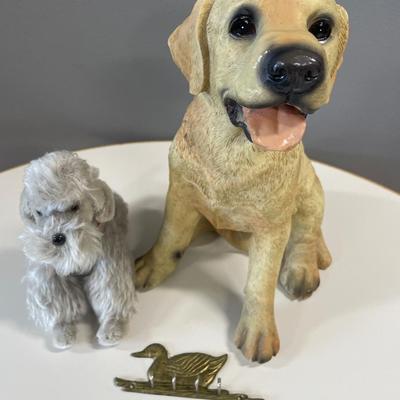 Yellow lab resin statue, stuffed dog & brass duck key holder