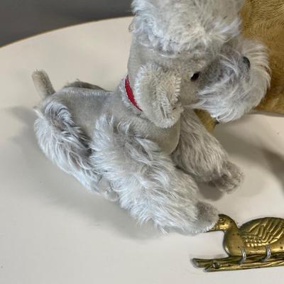 Yellow lab resin statue, stuffed dog & brass duck key holder