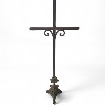 Vintage iron altar cross and candlestick holder 