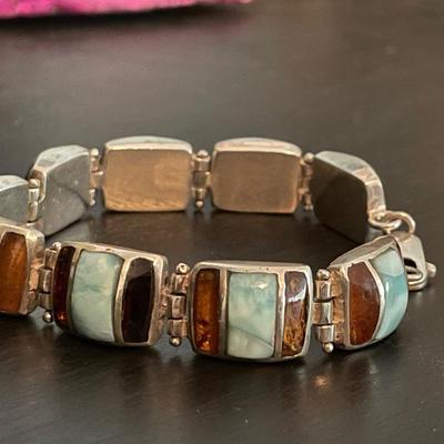 Stunning Larimar/Onyx/Amber Sterling Silver Jewelry Set