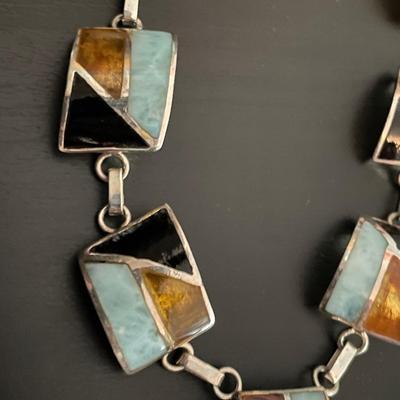 Stunning Larimar/Onyx/Amber Sterling Silver Jewelry Set